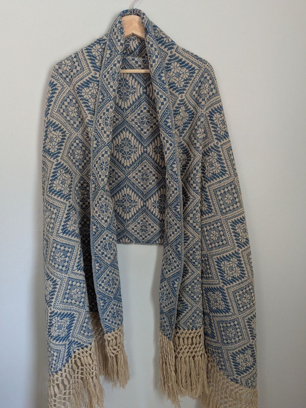 Handwoven Mexican Rebozo Shawl Wrap Blue Beige Fringe Large Scarf Throw Runner